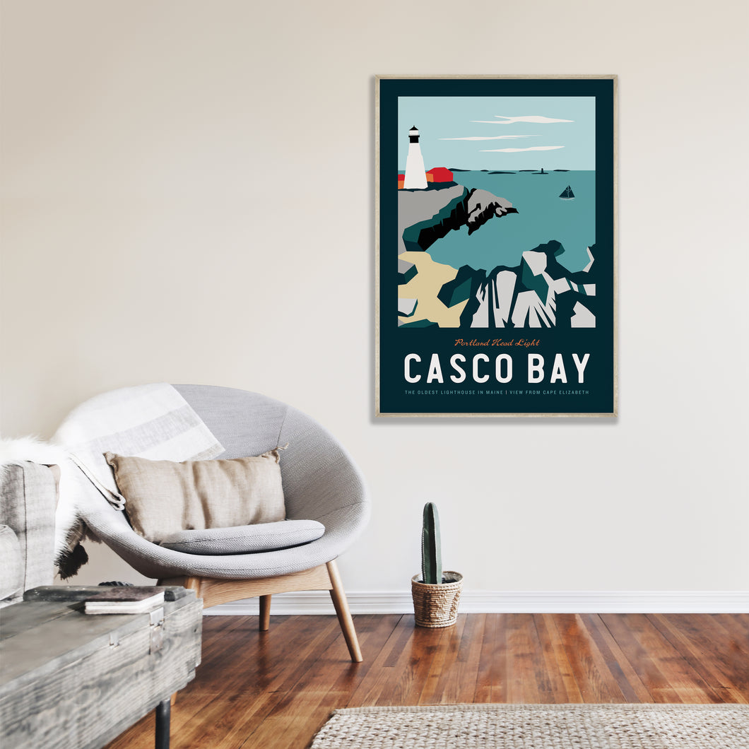 Casco Bay Maine Poster | Vintage Travel Poster | Ocean Poster | Landscape Poster |  Maine Poster | Portland Head Light | Casco Bay Print