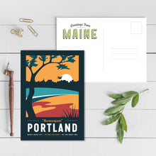 Load image into Gallery viewer, Portland Maine Postcard (dark palette) | Vintage Travel Postcard | Portland Postcard | Maine Postcard | Portland Maine Postcard
