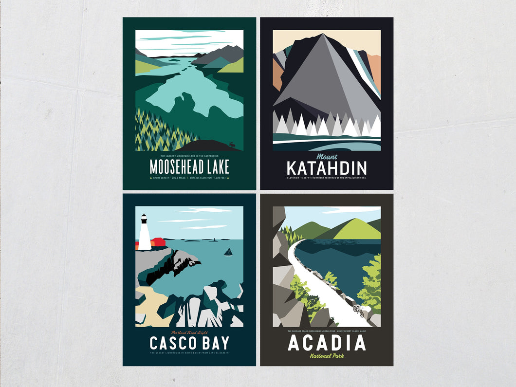 Maine Print Set | Maine Art Set | Acadia National Park | Moosehead Lake | Casco Bay | Katahdin | Maine Travel Art